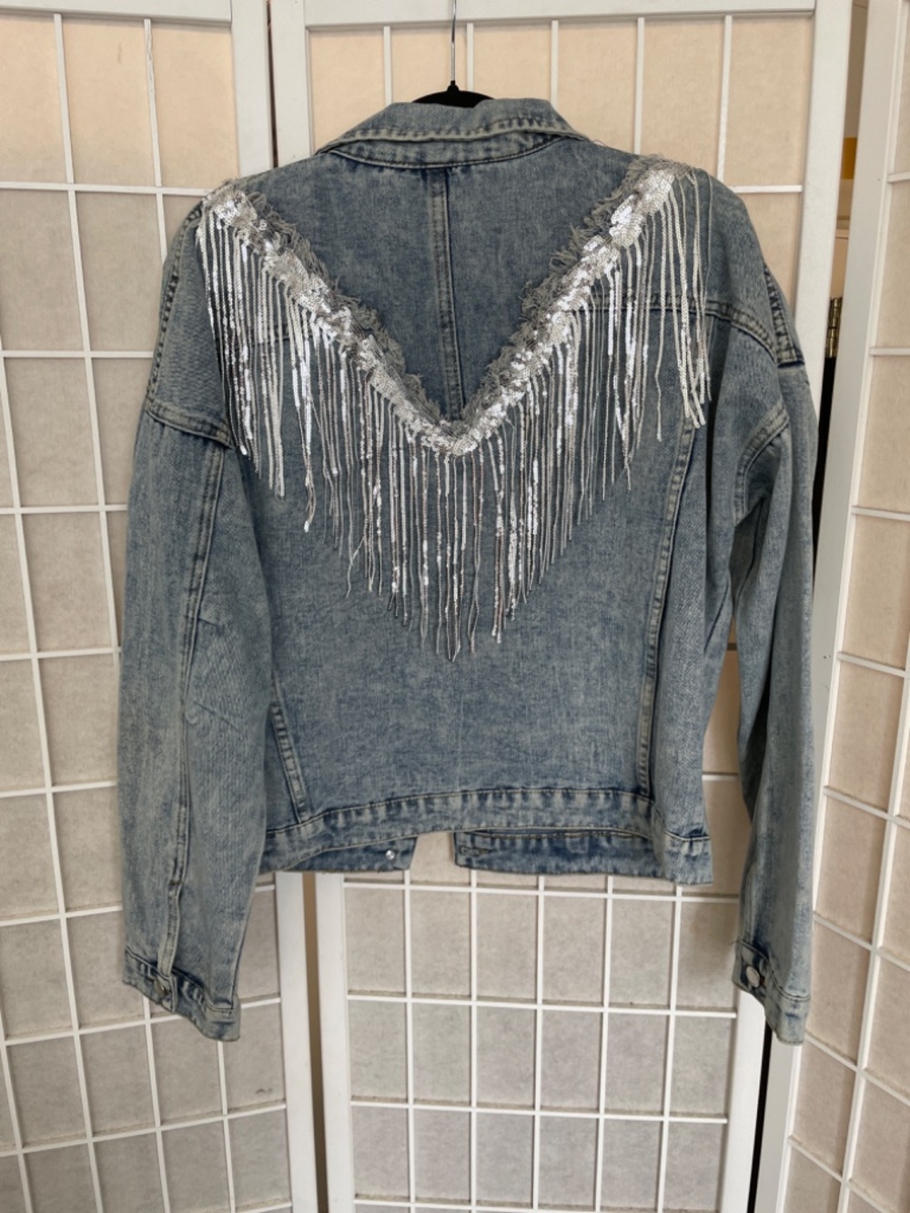 Denim festival oversize jacket fringe silver sequin 90s 80s vintage Large